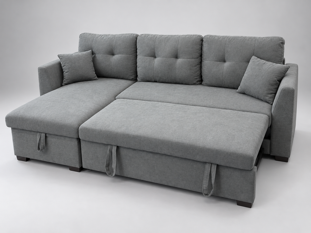 L-Shaped Grey Sofa Bed with Storage Compartment