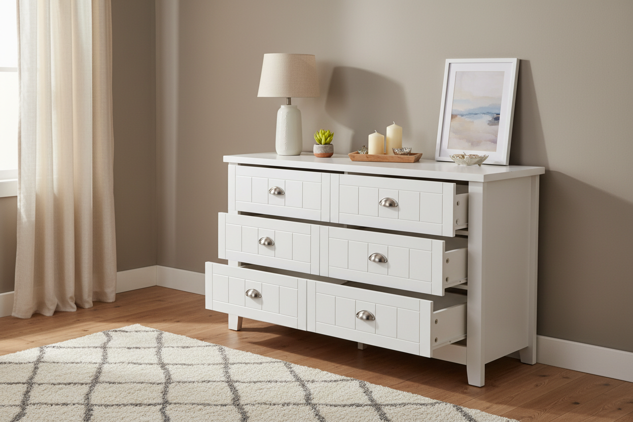 White Lowboy Dresser - Wide Storage Chest