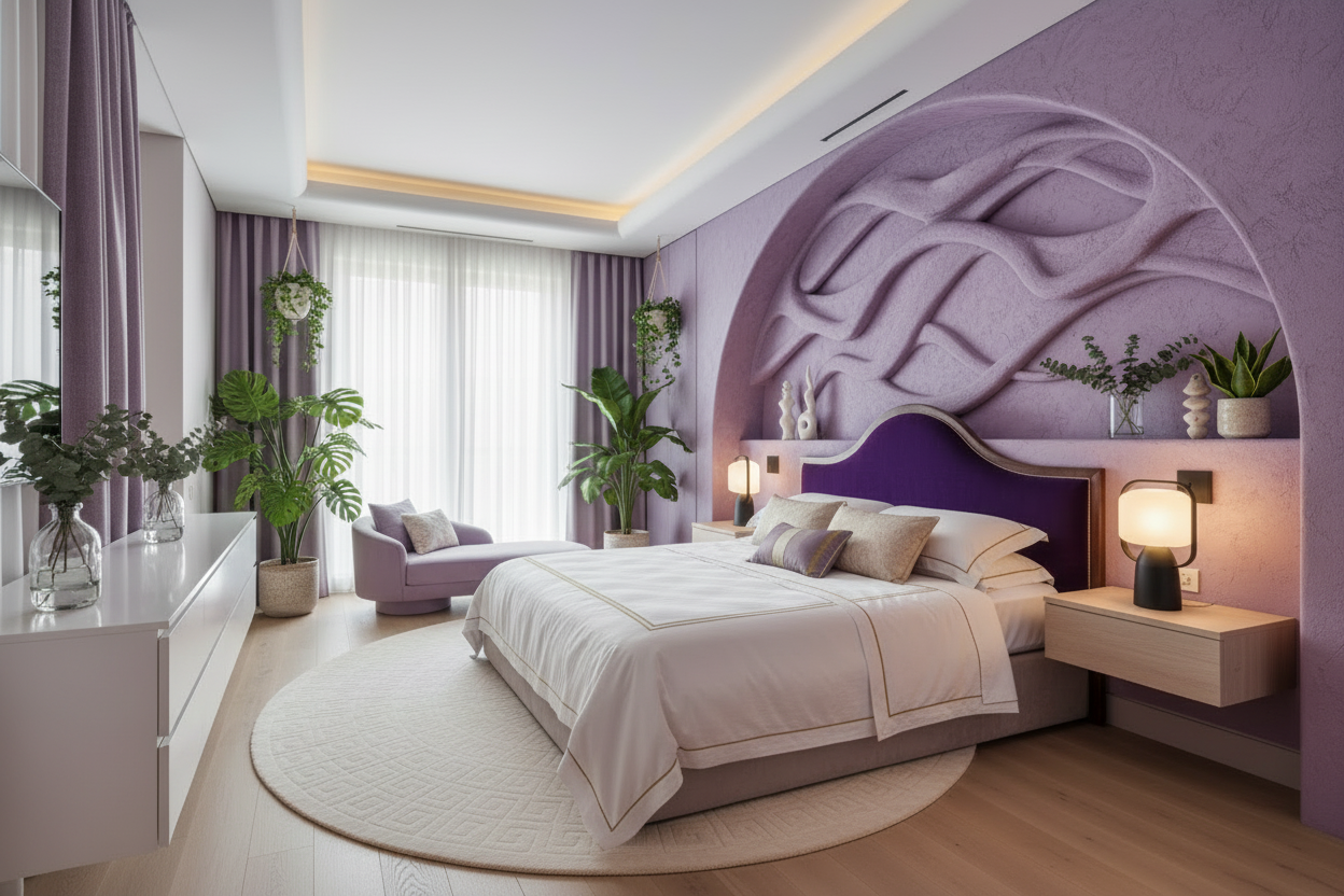 generate a purple bedroom, thats lavendar purple colours with a arching wall tha tlooks like its made of purple clay 