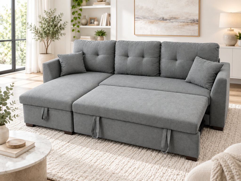 L-Shaped Grey Sofa Bed with Storage Compartment