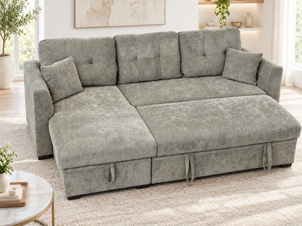 L-Shaped Mottled Sage Sofa Bed with Storage Compartment