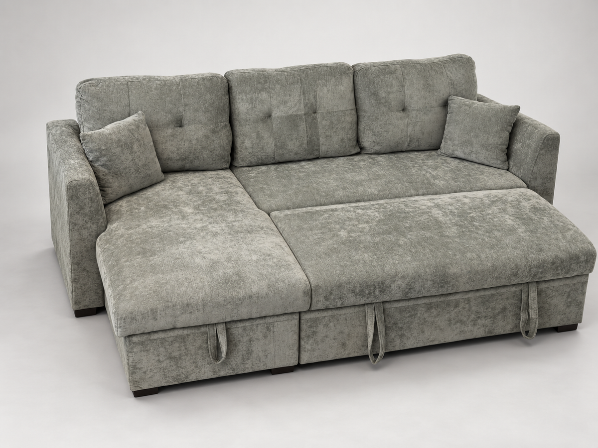 L-Shaped Mottled Sage Sofa Bed with Storage Compartment
